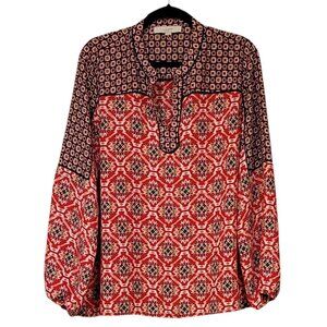 Loft Mixed Media Mosaic Split Neck Long Sleeve Boho Peasant Tunic Top New XL